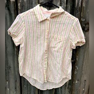 Lucky Brand Short Sleeve Button Down Linen Pinstripe Shirt Size Small